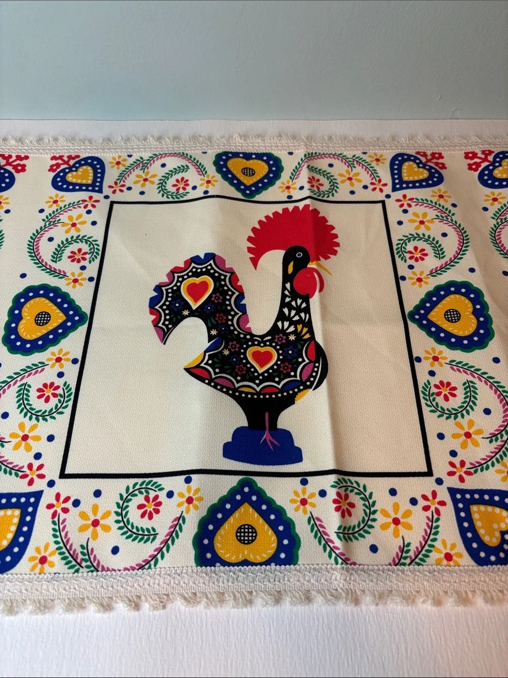 Good Luck Rooster Galo de Barcelos Table Runner with Fringe